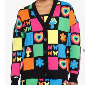 Social Collision Rainbow Retro Patchwork Knit Cardigan Womens Size small NWT